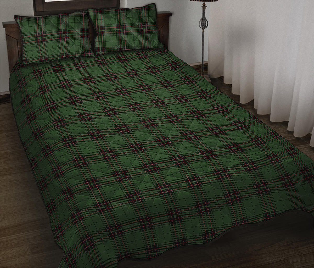 Green Black And Red Tartan Pattern Print Quilt Bed Set
