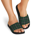 Green Black And White Tartan Print Black Slide Sandals