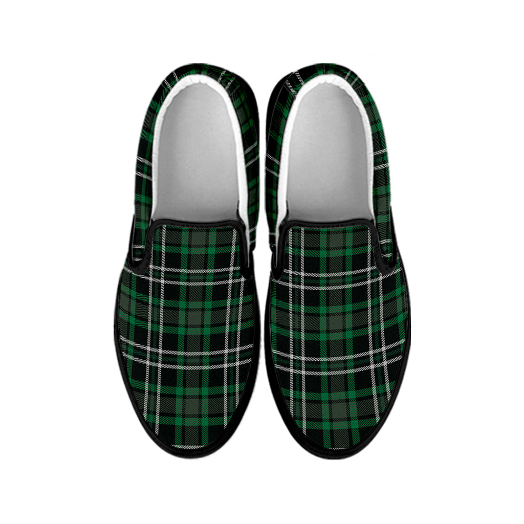 Green Black And White Tartan Print Black Slip On Shoes