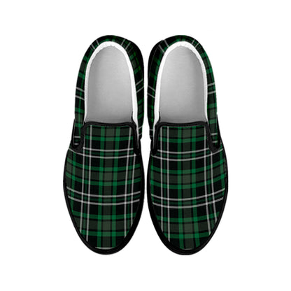 Green Black And White Tartan Print Black Slip On Shoes