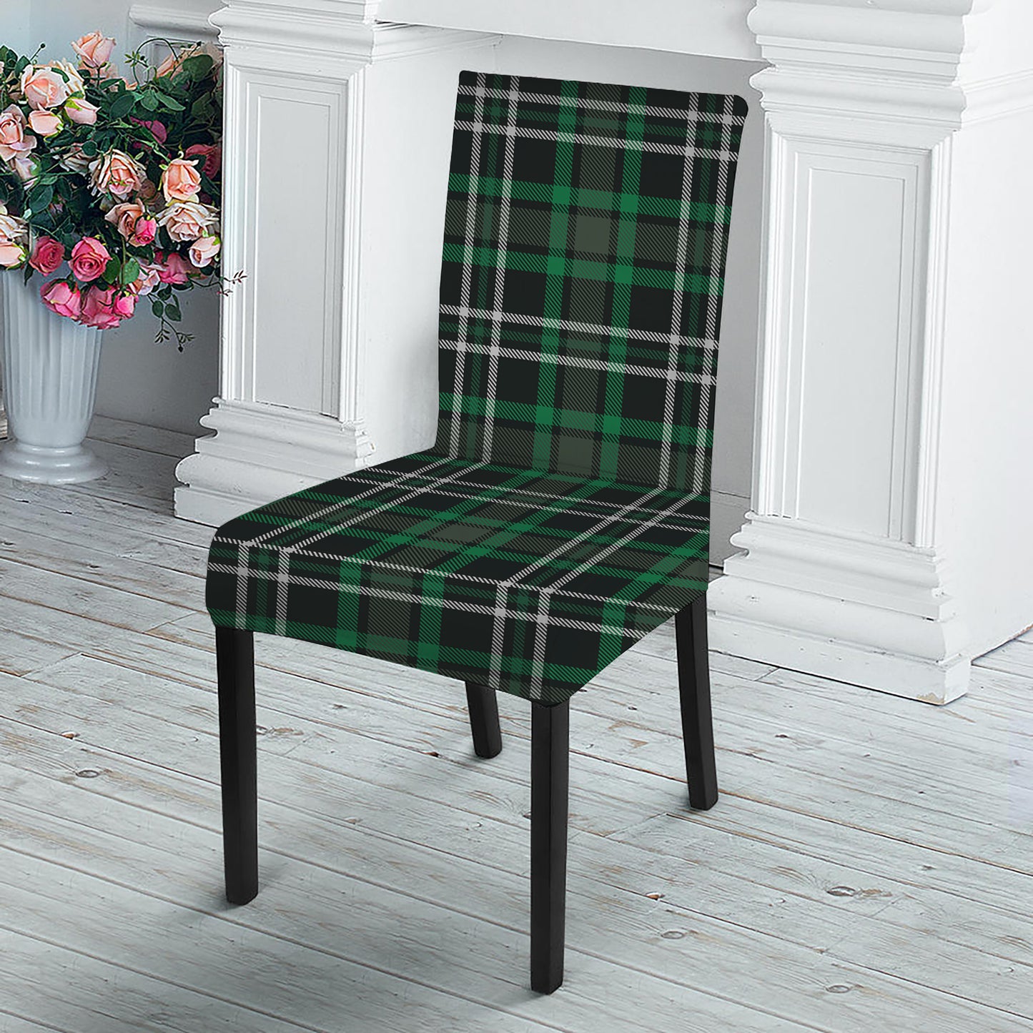 Green Black And White Tartan Print Dining Chair Slipcover