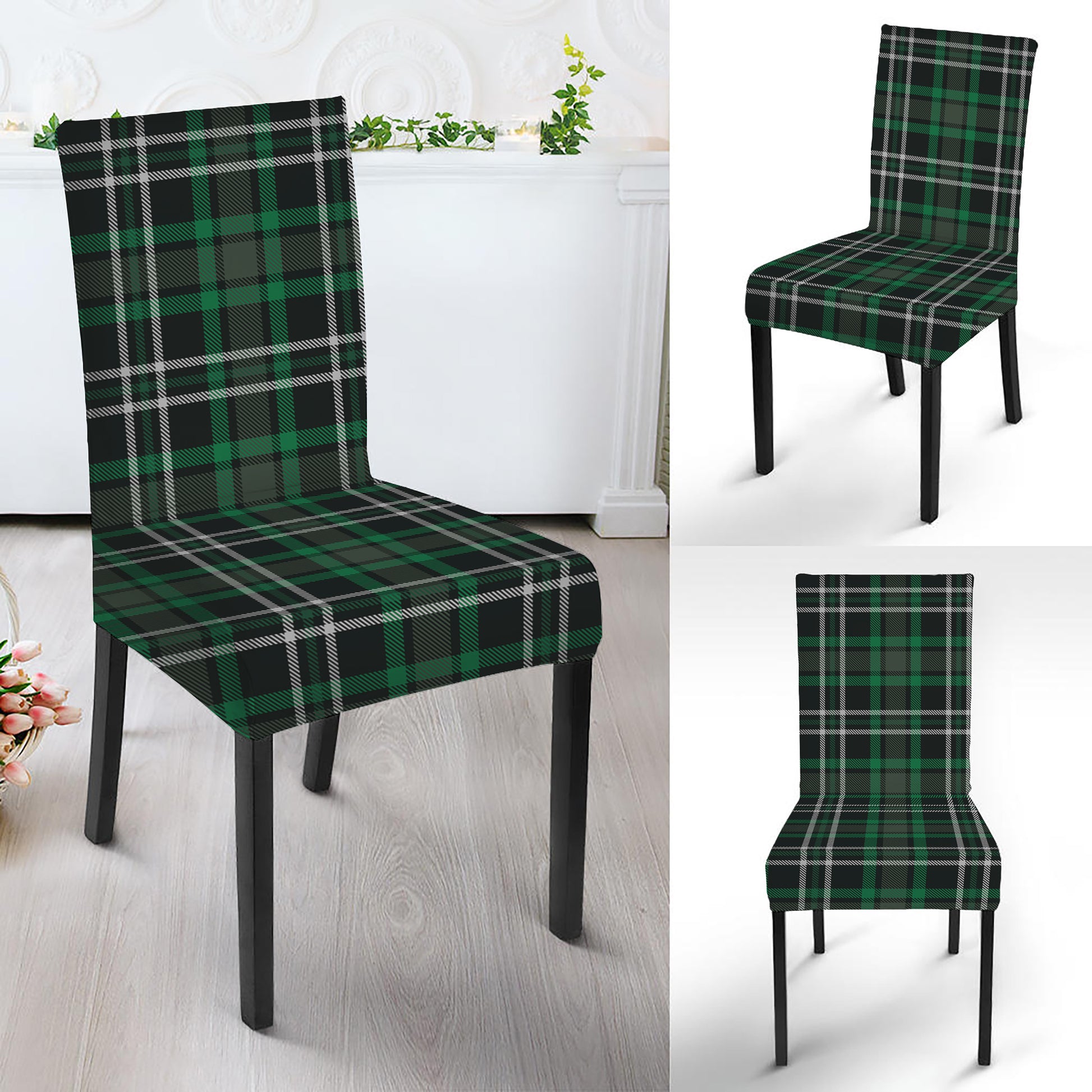 Green Black And White Tartan Print Dining Chair Slipcover