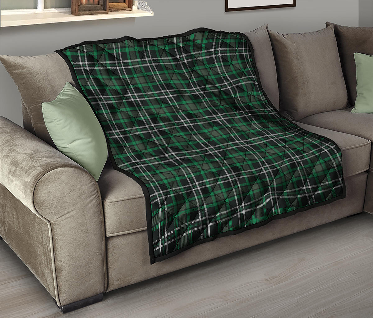 Green Black And White Tartan Print Quilt