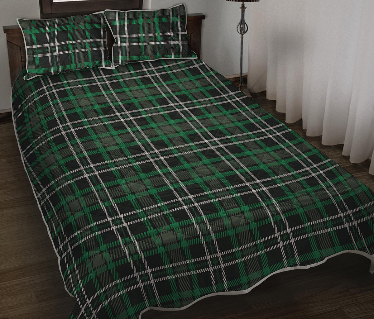 Green Black And White Tartan Print Quilt Bed Set