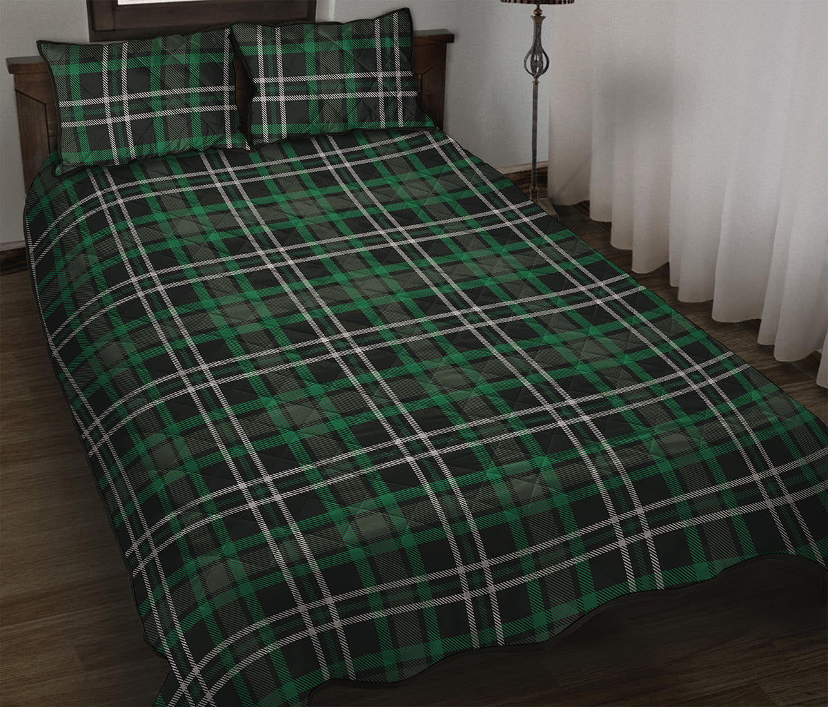 Green Black And White Tartan Print Quilt Bed Set