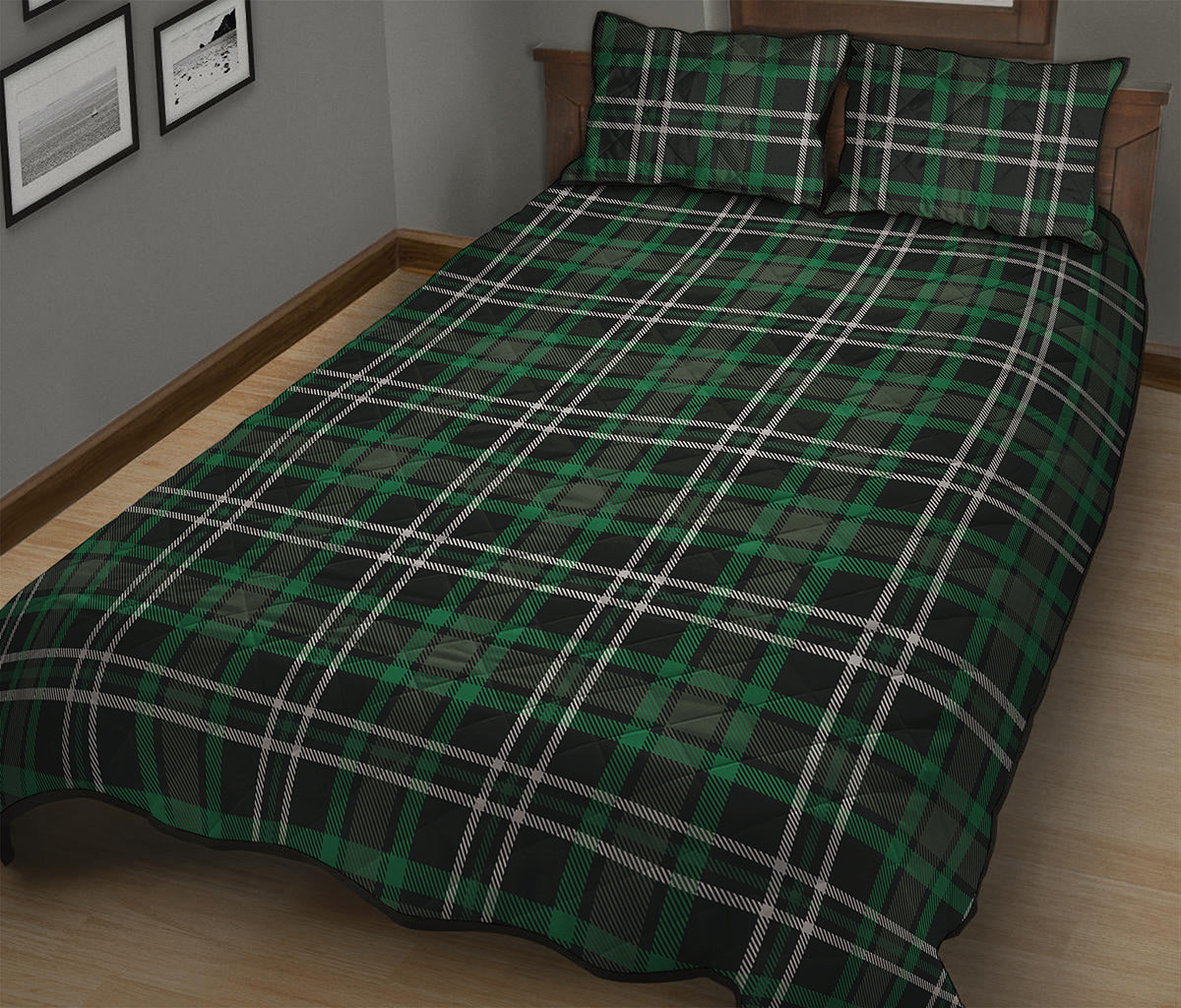 Green Black And White Tartan Print Quilt Bed Set