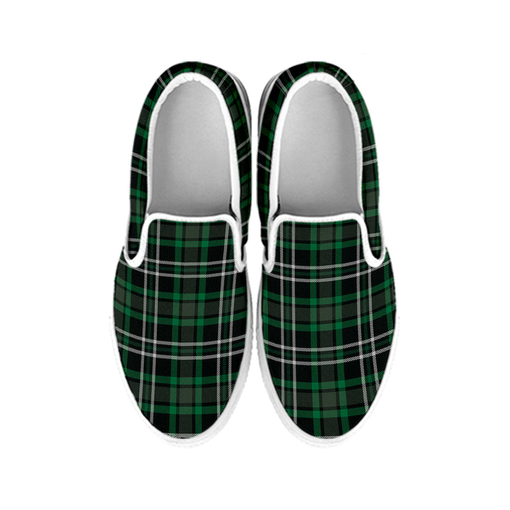 Green Black And White Tartan Print White Slip On Shoes