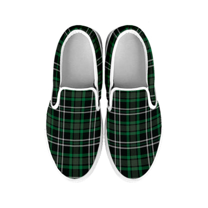 Green Black And White Tartan Print White Slip On Shoes
