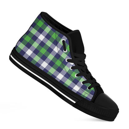 Green Blue And White Buffalo Plaid Print Black High Top Shoes