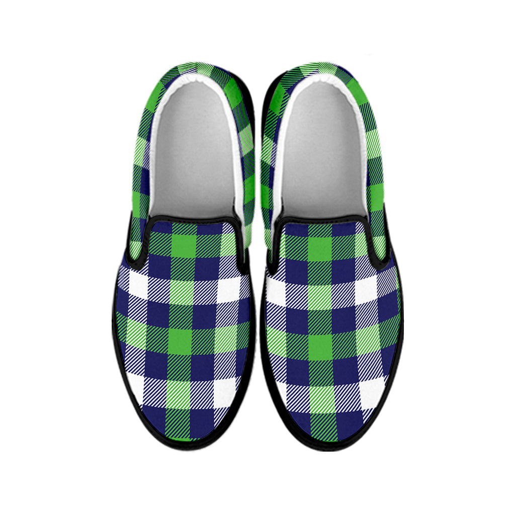 Green Blue And White Buffalo Plaid Print Black Slip On Shoes