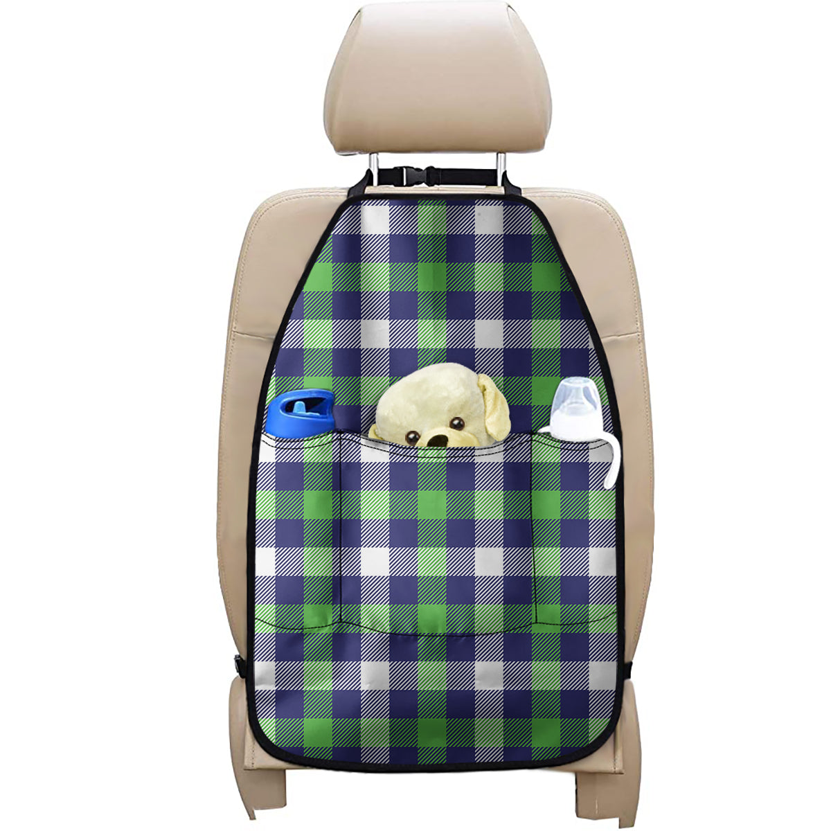 Green Blue And White Buffalo Plaid Print Car Seat Organizers