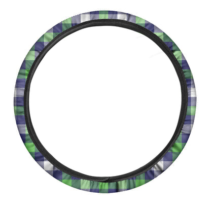 Green Blue And White Buffalo Plaid Print Car Steering Wheel Cover