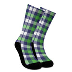Green Blue And White Buffalo Plaid Print Crew Socks
