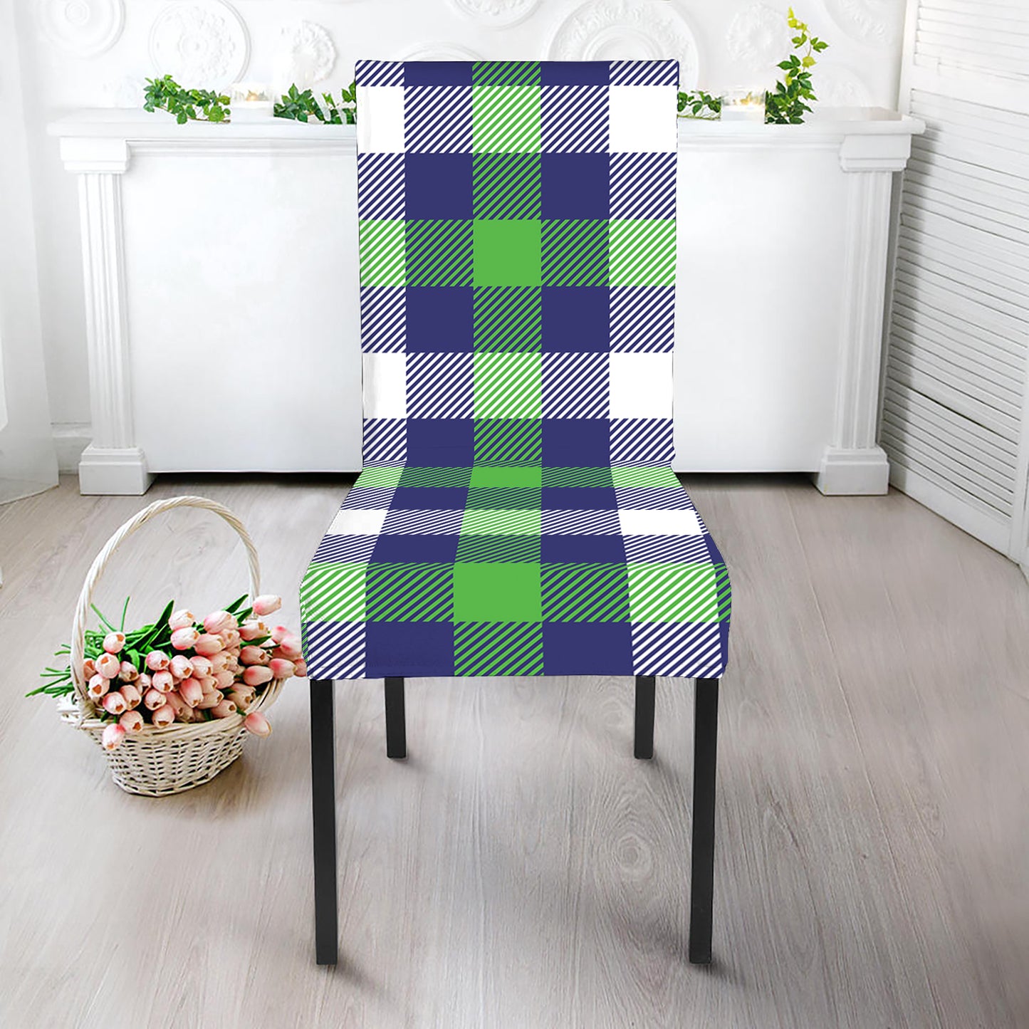 Green Blue And White Buffalo Plaid Print Dining Chair Slipcover