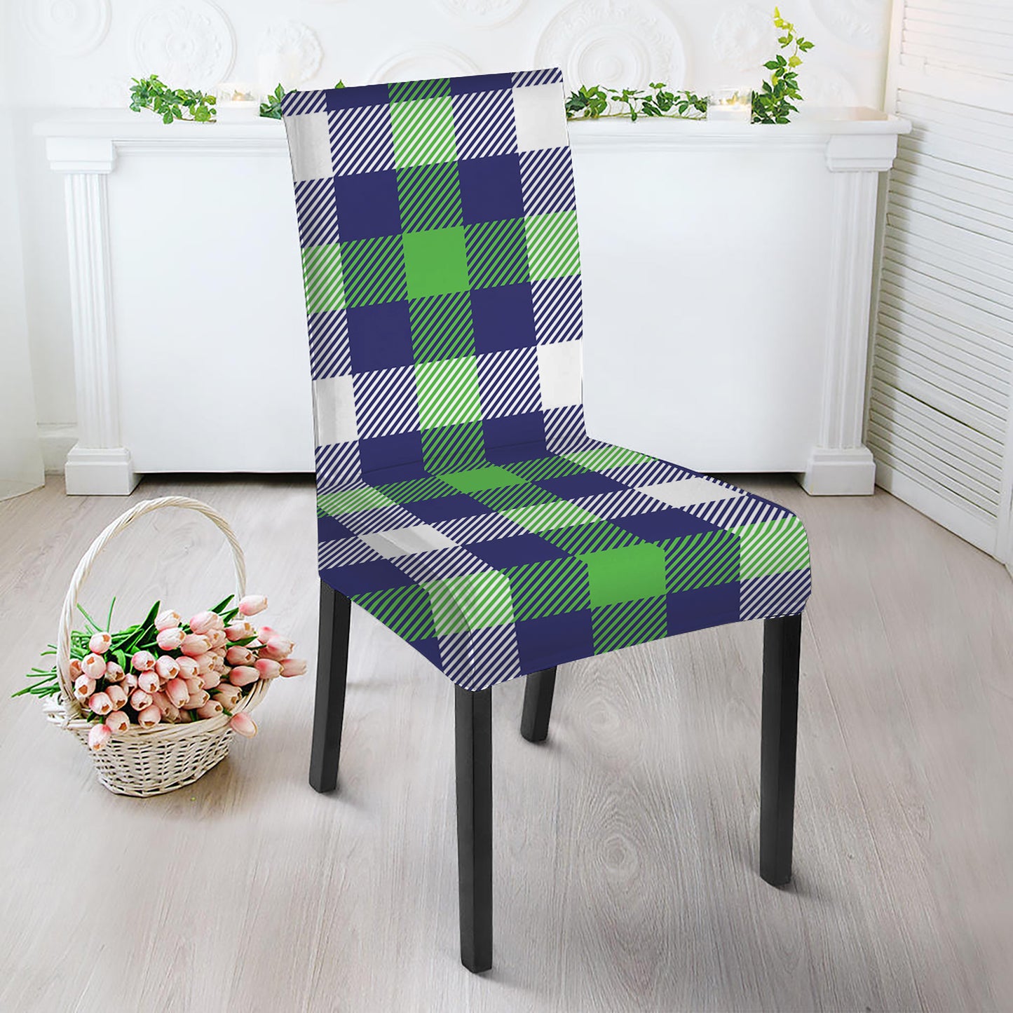 Green Blue And White Buffalo Plaid Print Dining Chair Slipcover