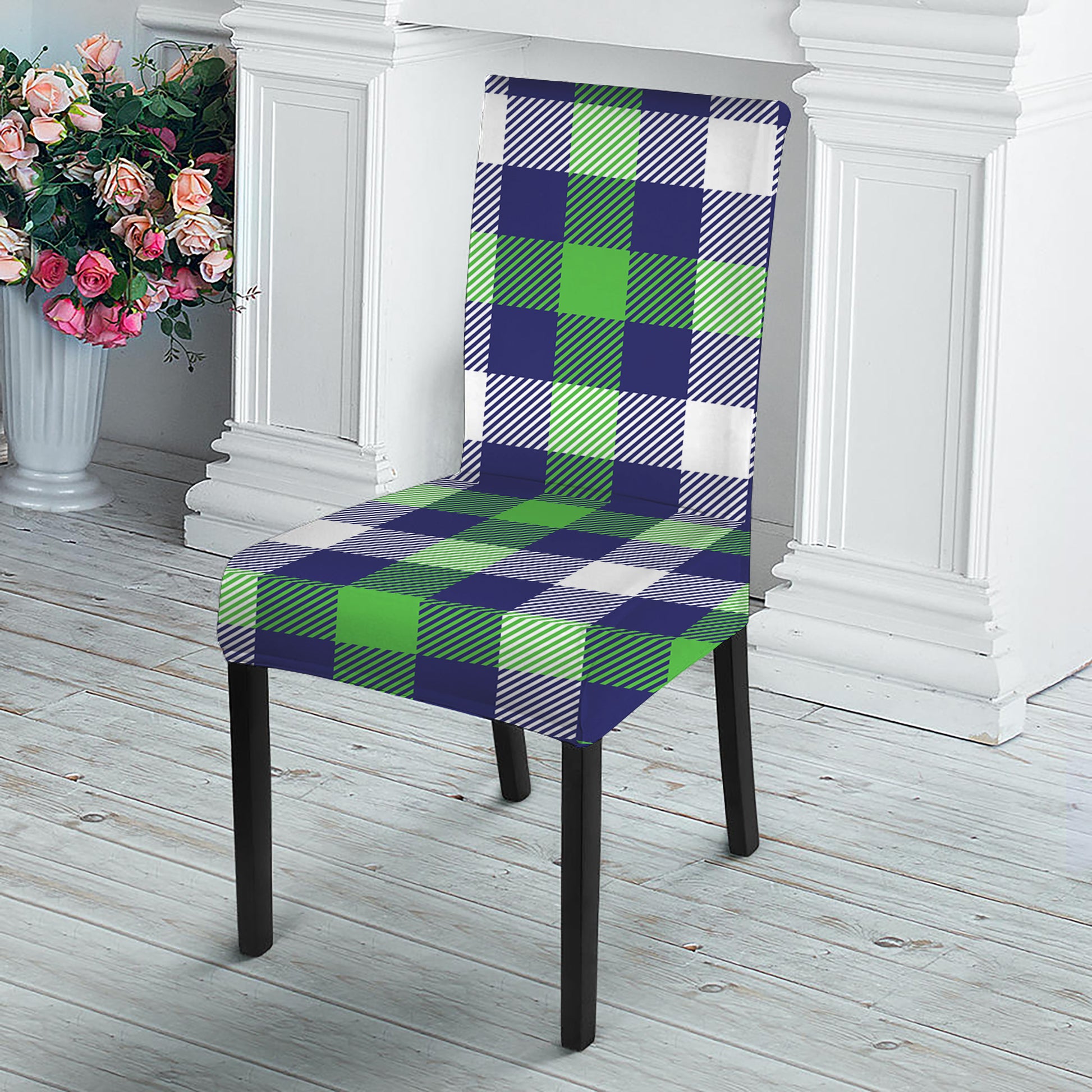 Green Blue And White Buffalo Plaid Print Dining Chair Slipcover