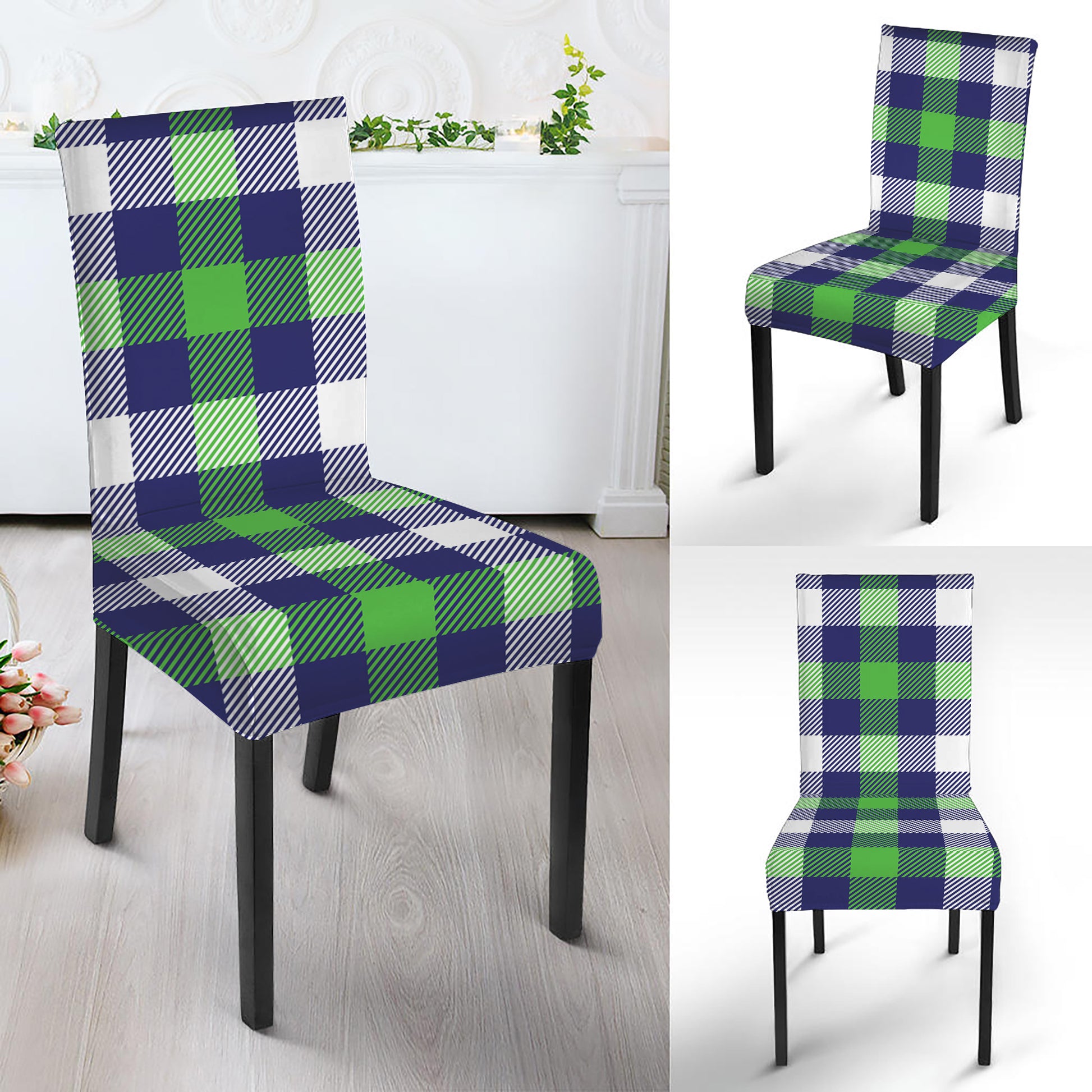 Green Blue And White Buffalo Plaid Print Dining Chair Slipcover