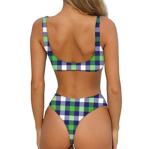 Green Blue And White Buffalo Plaid Print Front Bow Tie Bikini