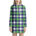 Green Blue And White Buffalo Plaid Print Pullover Hoodie Dress