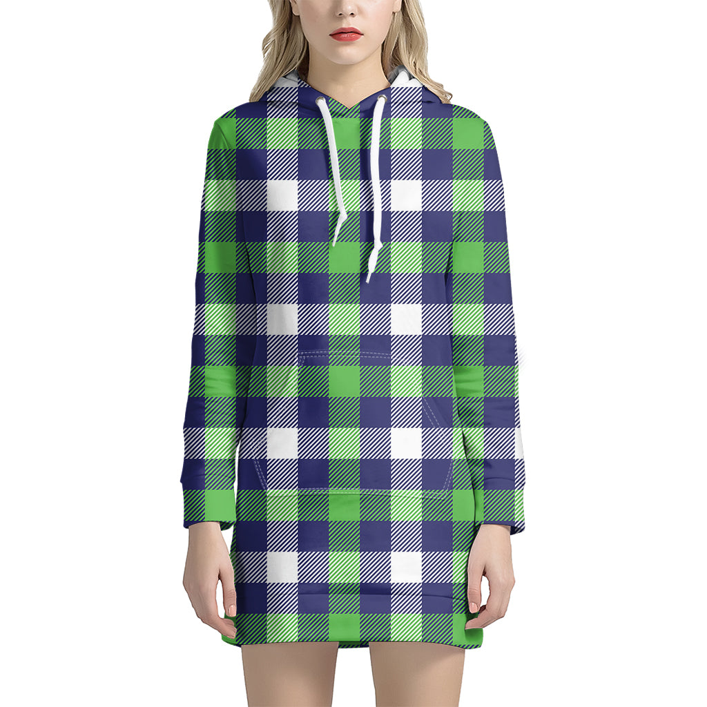 Green Blue And White Buffalo Plaid Print Hoodie Dress