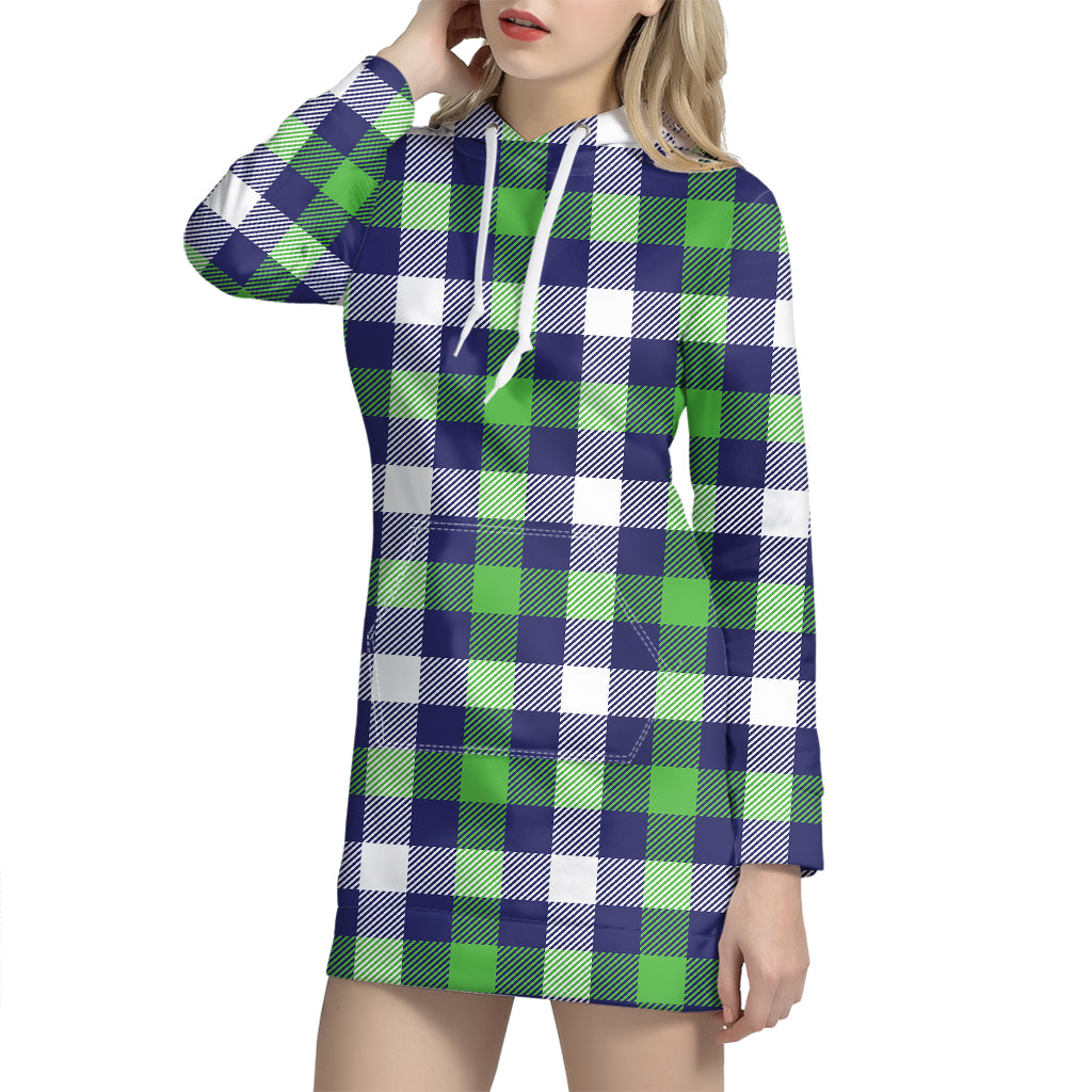 Green Blue And White Buffalo Plaid Print Hoodie Dress