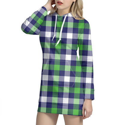 Green Blue And White Buffalo Plaid Print Hoodie Dress