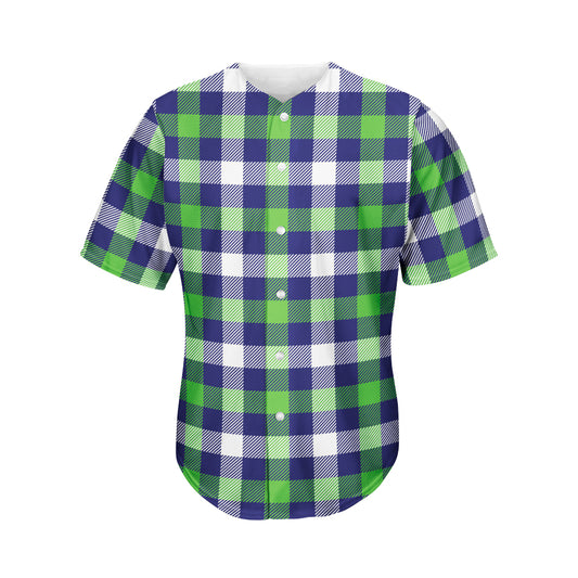 Green Blue And White Buffalo Plaid Print Men's Baseball Jersey