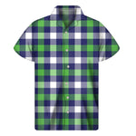 Green Blue And White Buffalo Plaid Print Men's Short Sleeve Shirt