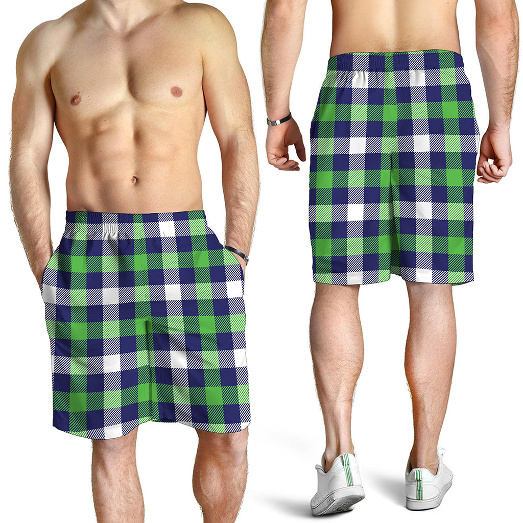 Green Blue And White Buffalo Plaid Print Men's Shorts