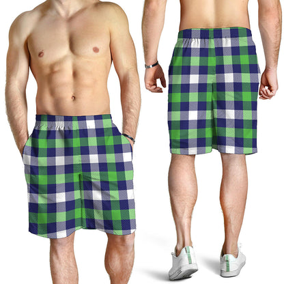 Green Blue And White Buffalo Plaid Print Men's Shorts
