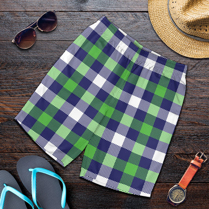 Green Blue And White Buffalo Plaid Print Men's Shorts