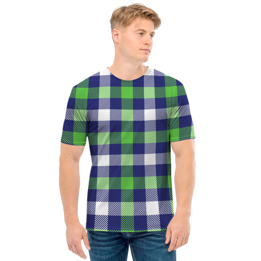 Green Blue And White Buffalo Plaid Print Men's T-Shirt