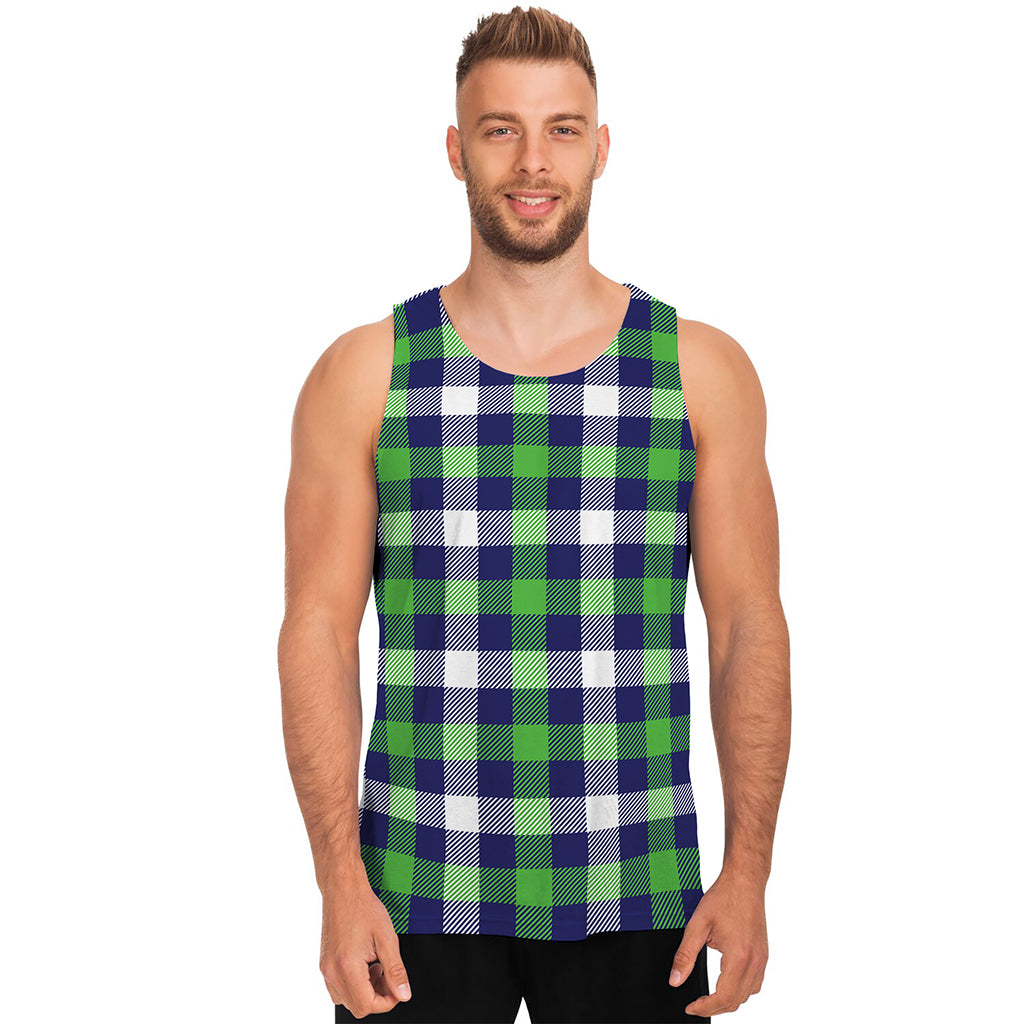 Green Blue And White Buffalo Plaid Print Men's Tank Top