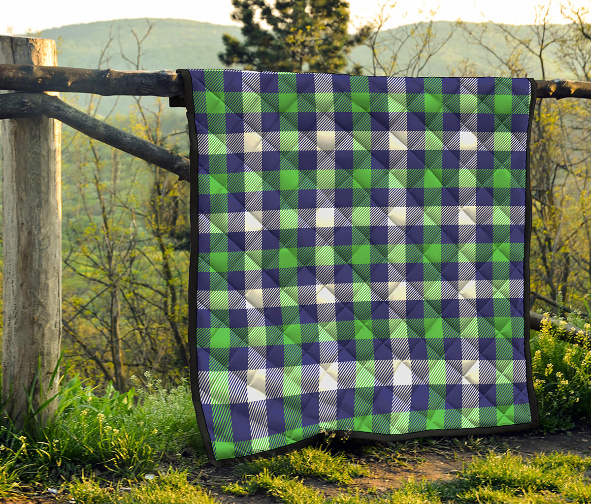 Green Blue And White Buffalo Plaid Print Quilt