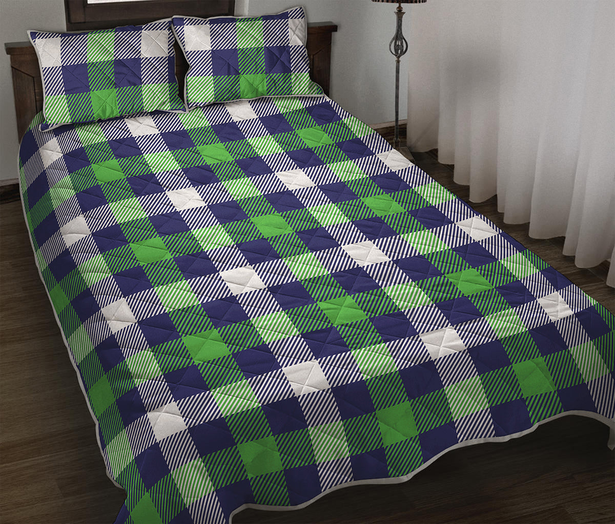 Green Blue And White Buffalo Plaid Print Quilt Bed Set