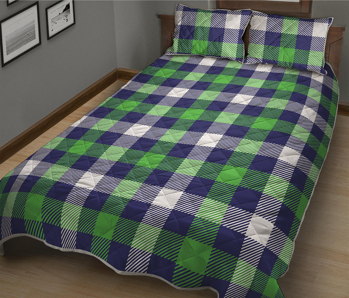 Green Blue And White Buffalo Plaid Print Quilt Bed Set