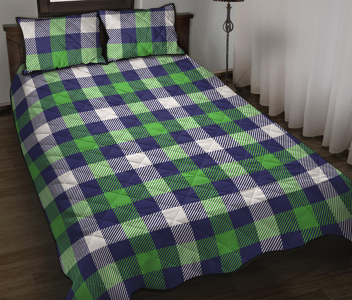 Green Blue And White Buffalo Plaid Print Quilt Bed Set