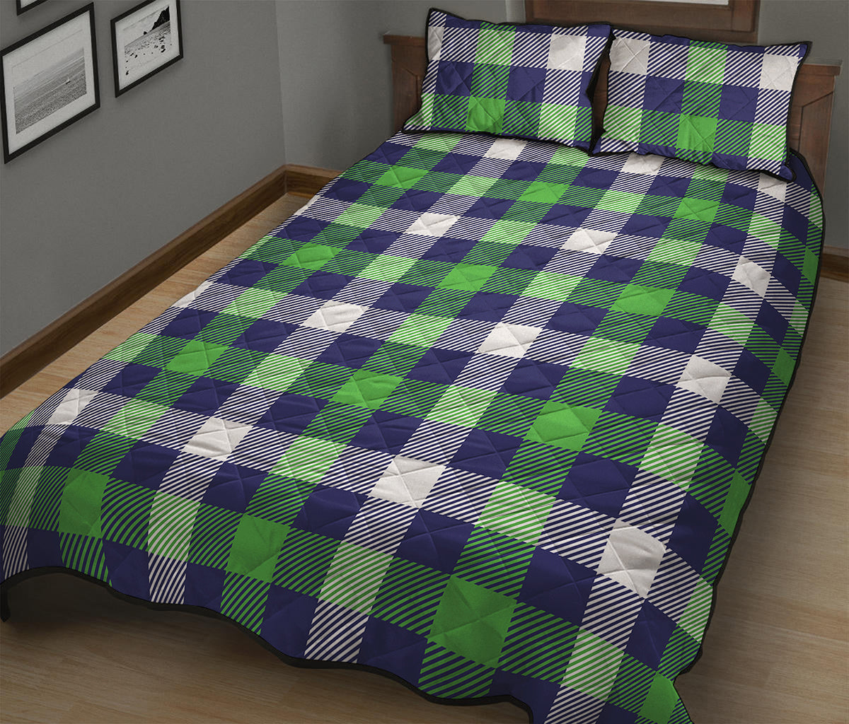 Green Blue And White Buffalo Plaid Print Quilt Bed Set