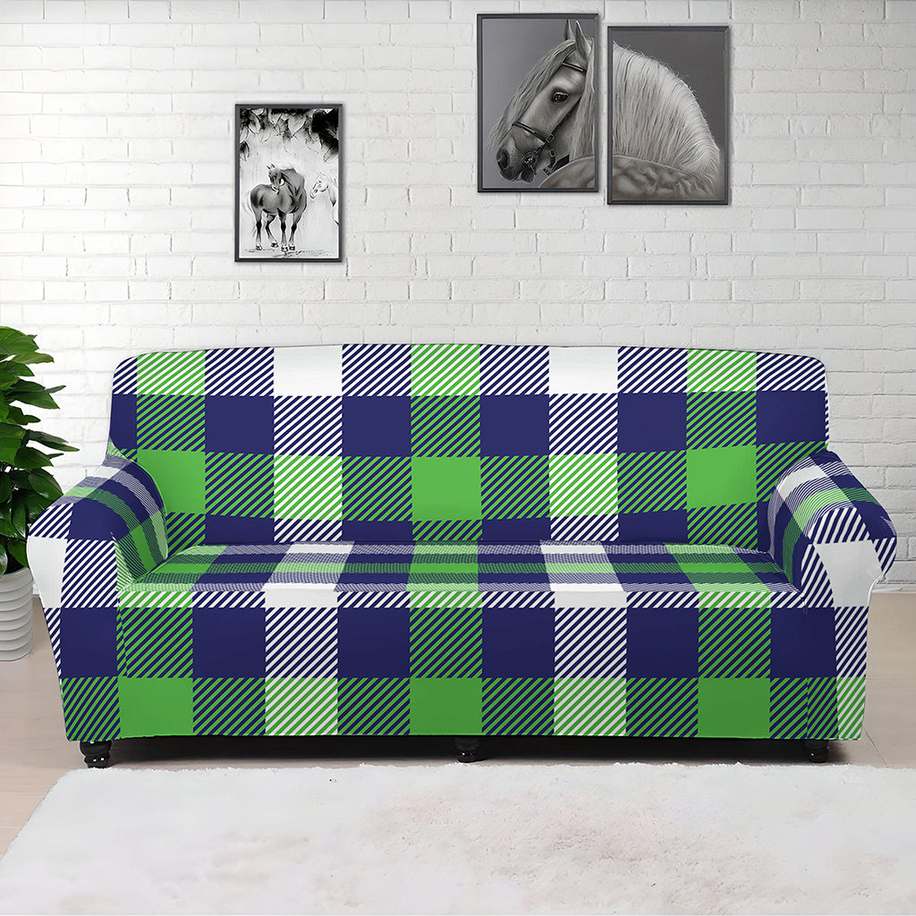 Green Blue And White Buffalo Plaid Print Sofa Cover
