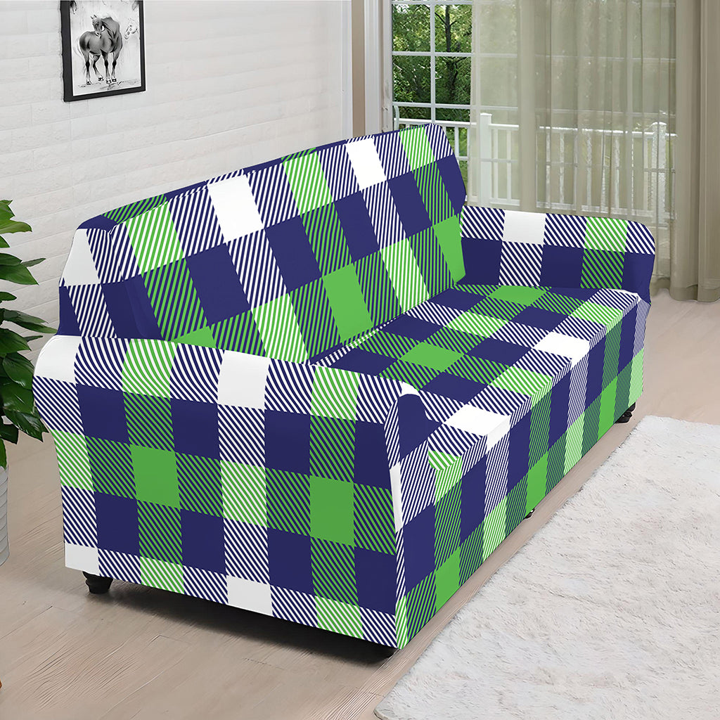 Green Blue And White Buffalo Plaid Print Sofa Cover