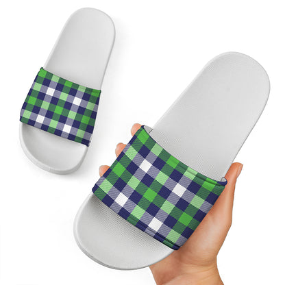 Green Blue And White Buffalo Plaid Print White Slide Sandals
