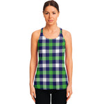 Green Blue And White Buffalo Plaid Print Women's Racerback Tank Top