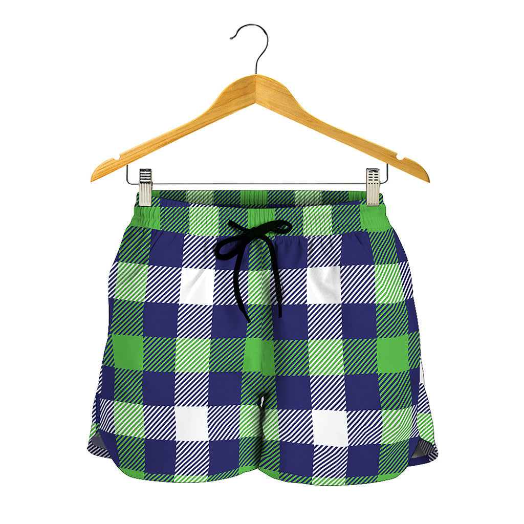 Green Blue And White Buffalo Plaid Print Women's Shorts