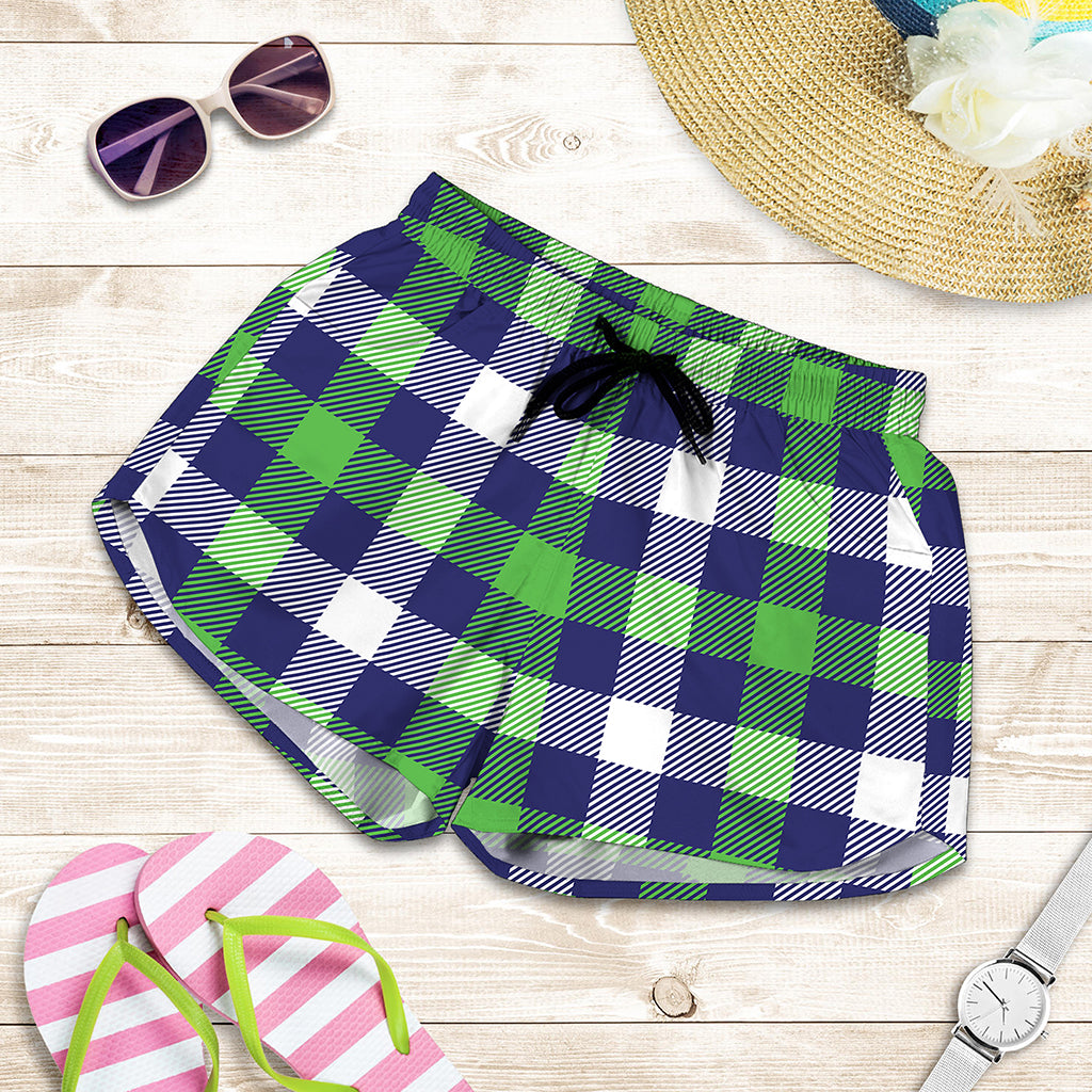 Green Blue And White Buffalo Plaid Print Women's Shorts