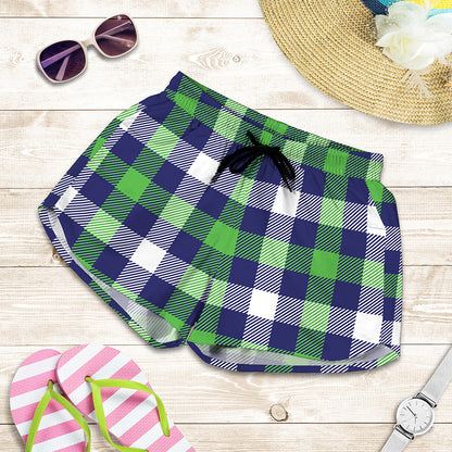 Green Blue And White Buffalo Plaid Print Women's Shorts