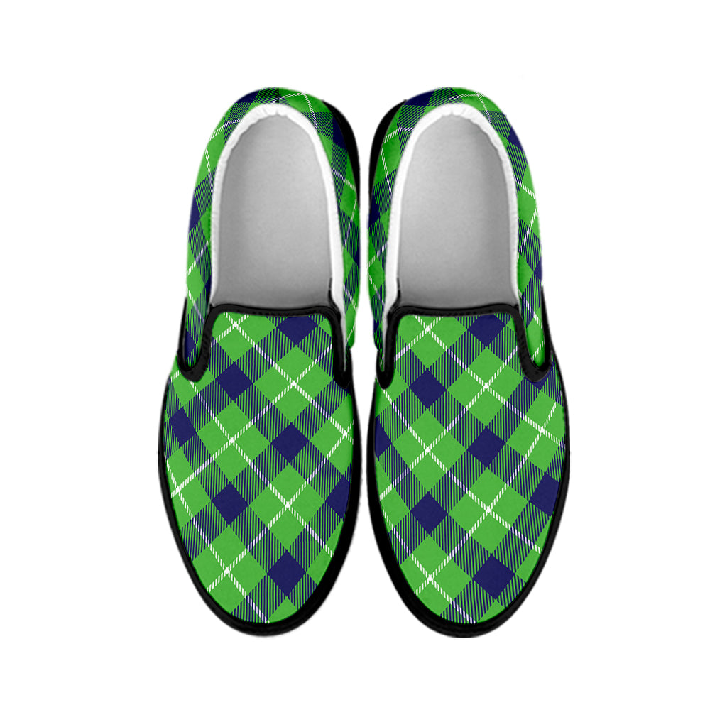 Green Blue And White Plaid Pattern Print Black Slip On Shoes