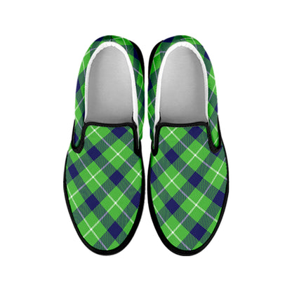 Green Blue And White Plaid Pattern Print Black Slip On Shoes