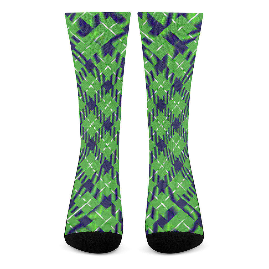 Green Blue And White Plaid Pattern Print Crew Socks