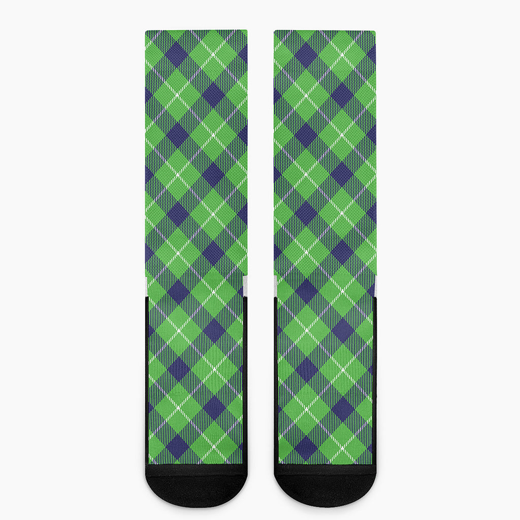 Green Blue And White Plaid Pattern Print Crew Socks