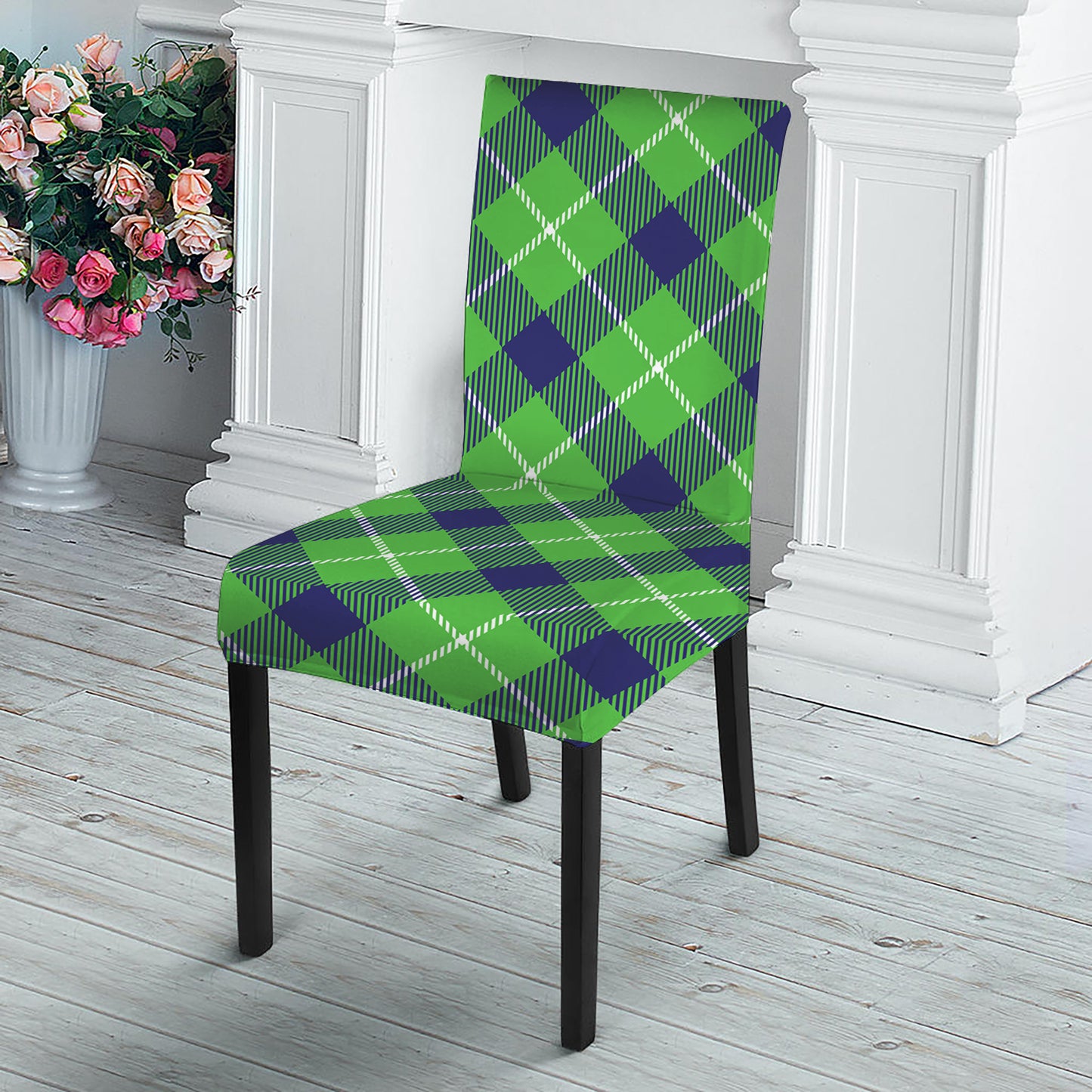 Green Blue And White Plaid Pattern Print Dining Chair Slipcover